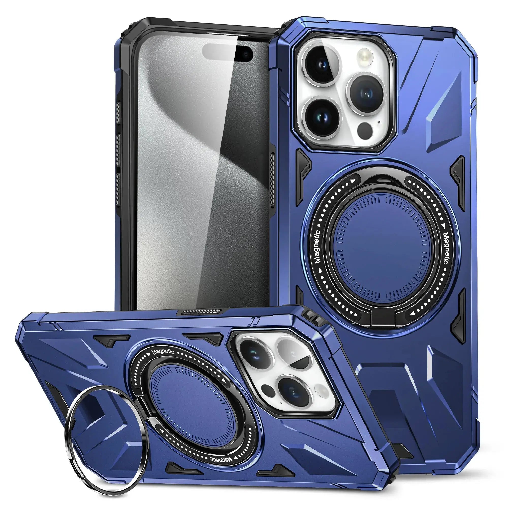 Funda de Teléfono de Plástico Magnético con Soporte Giratorio de Anillo para iPhone 15, 14 Plus, 13, 12, 11 Pro Max - Carcasa Dura de Prevención de Caídas - La zona Apple