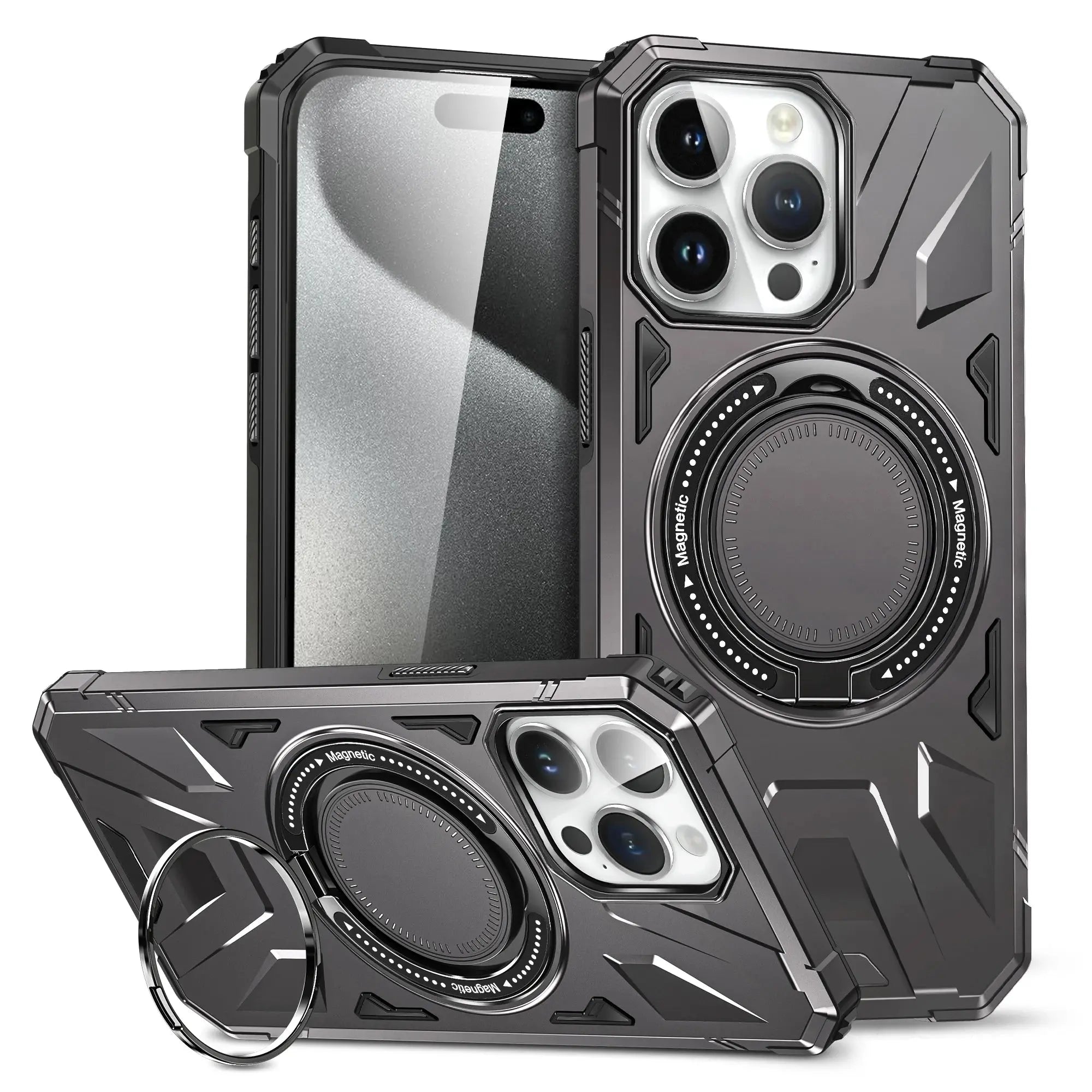 Funda de Teléfono de Plástico Magnético con Soporte Giratorio de Anillo para iPhone 15, 14 Plus, 13, 12, 11 Pro Max - Carcasa Dura de Prevención de Caídas - La zona Apple