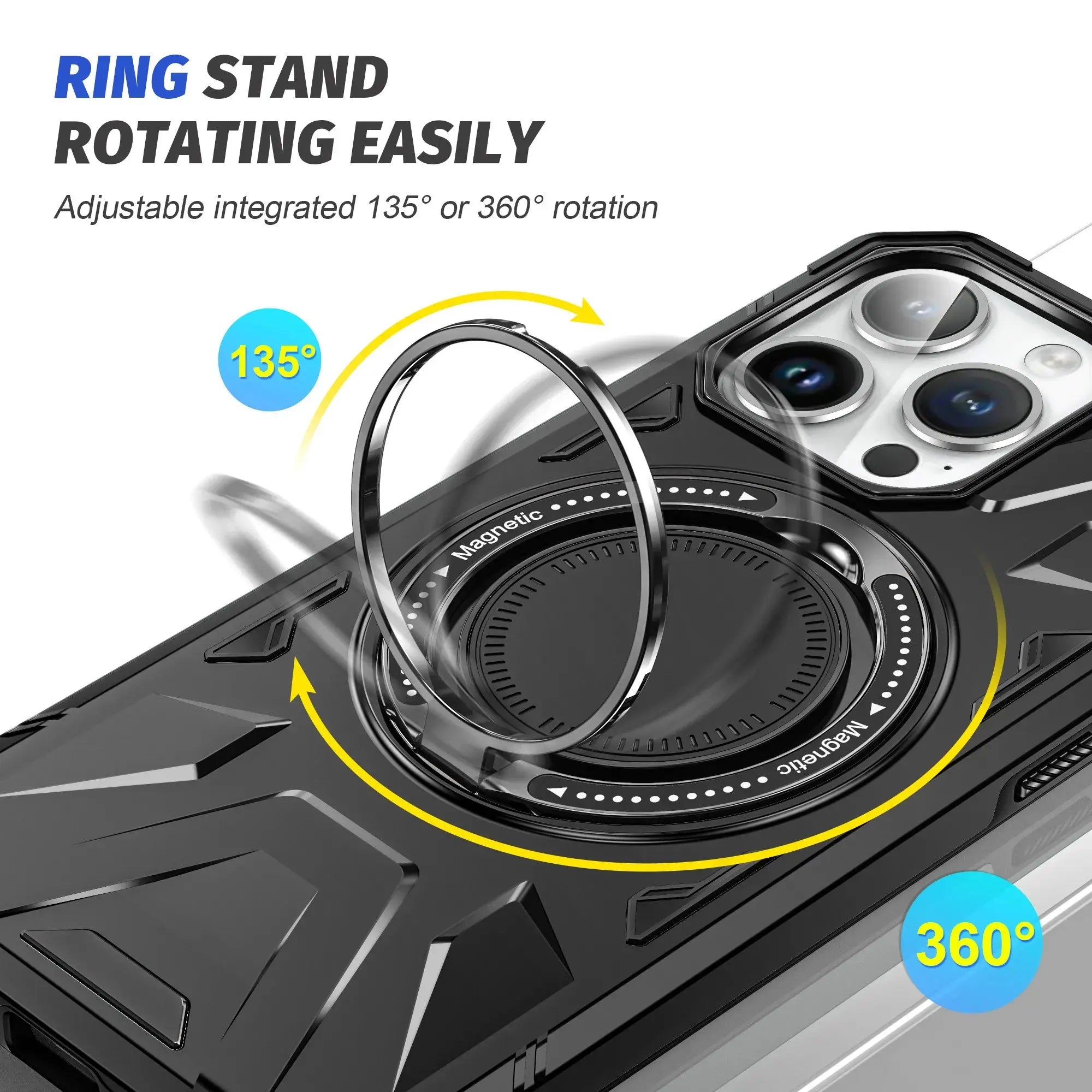 Funda de Teléfono de Plástico Magnético con Soporte Giratorio de Anillo para iPhone 15, 14 Plus, 13, 12, 11 Pro Max - Carcasa Dura de Prevención de Caídas - La zona Apple