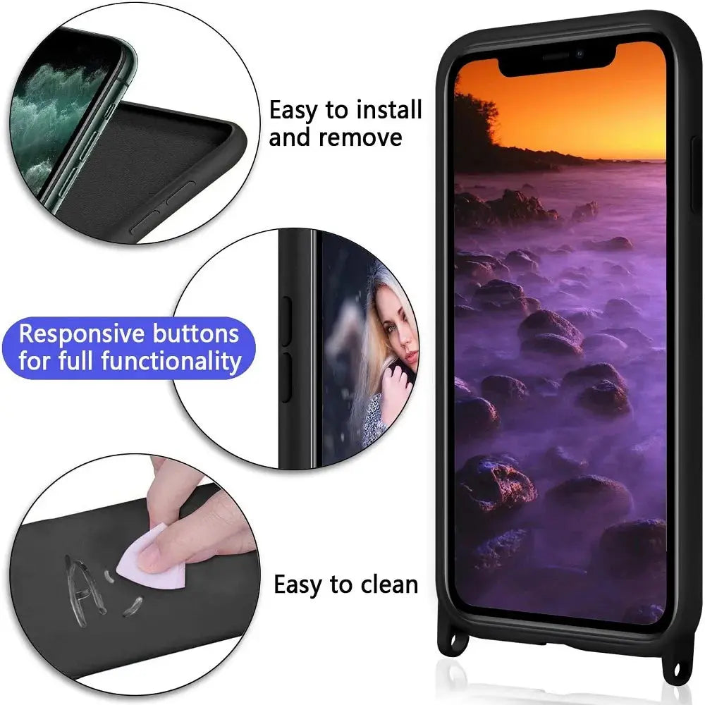 Funda de teléfono de silicona con correa de collar cruzado, cordón para iPhone 15 Pro, 13, 12, 14 Pro Max, X, XR, XS Max, 6S, 7, 8 Plus - La zona Apple