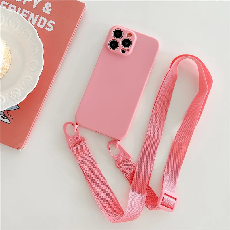 Funda de teléfono de silicona suave con correa de collar cruzado, carcasa trasera para iPhone con cordón 15, 13, 12, 11, 14 Pro Max, X, XR, XS Max, 7, 8 Plus - La zona Apple