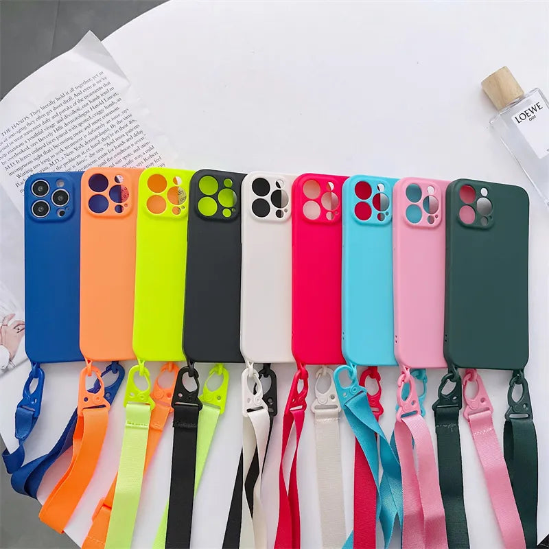 Funda de teléfono de silicona suave con correa de collar cruzado, carcasa trasera para iPhone con cordón 15, 13, 12, 11, 14 Pro Max, X, XR, XS Max, 7, 8 Plus - La zona Apple