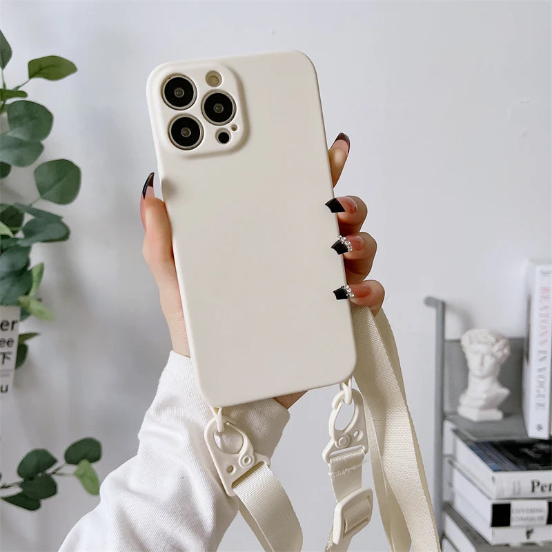 Funda de teléfono de silicona suave con correa de collar cruzado, carcasa trasera para iPhone con cordón 15, 13, 12, 11, 14 Pro Max, X, XR, XS Max, 7, 8 Plus - La zona Apple