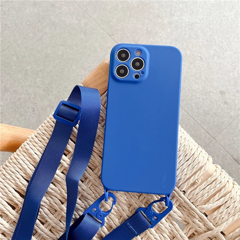 Funda de teléfono de silicona suave con correa de collar cruzado, carcasa trasera para iPhone con cordón 15, 13, 12, 11, 14 Pro Max, X, XR, XS Max, 7, 8 Plus - La zona Apple