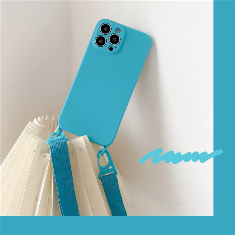 Funda de teléfono de silicona suave con correa de collar cruzado, carcasa trasera para iPhone con cordón 15, 13, 12, 11, 14 Pro Max, X, XR, XS Max, 7, 8 Plus - La zona Apple
