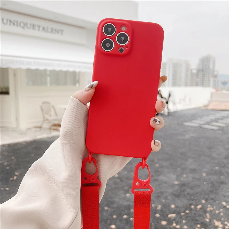Funda de teléfono de silicona suave con correa de collar cruzado, carcasa trasera para iPhone con cordón 15, 13, 12, 11, 14 Pro Max, X, XR, XS Max, 7, 8 Plus - La zona Apple