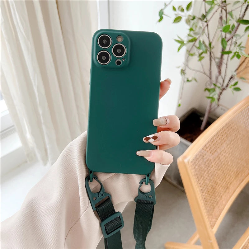 Funda de teléfono de silicona suave con correa de collar cruzado, carcasa trasera para iPhone con cordón 15, 13, 12, 11, 14 Pro Max, X, XR, XS Max, 7, 8 Plus - La zona Apple