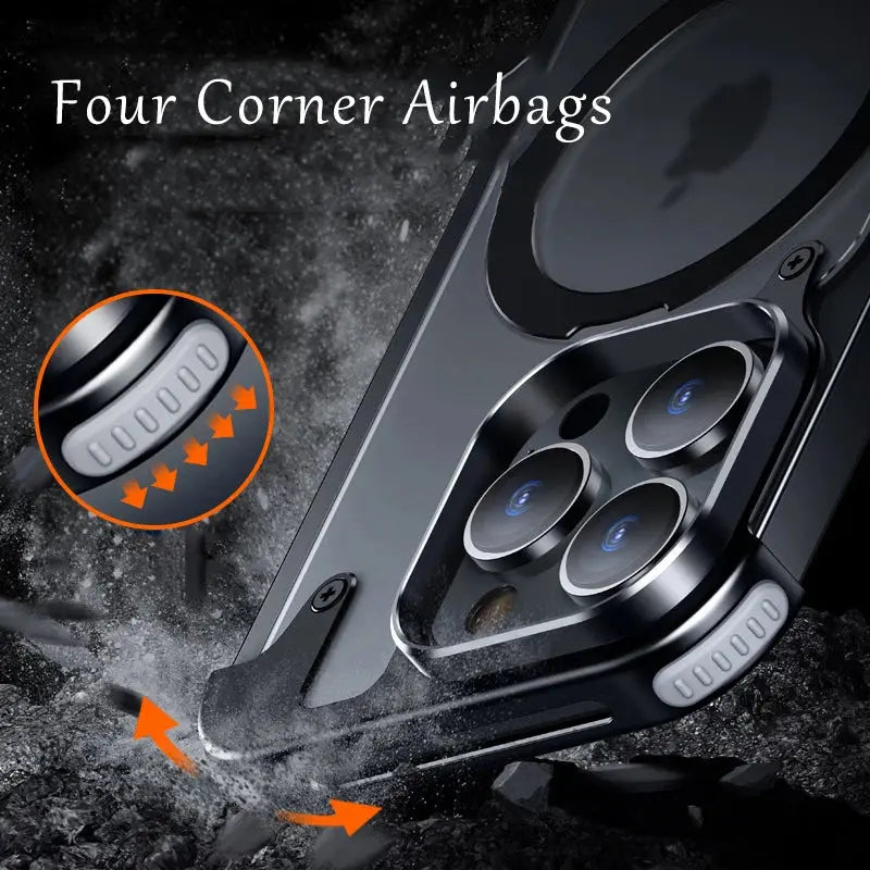 Funda de teléfono sin montura con soporte magnético de aleación de aluminio para iPhone 13 14 15 Pro Max 15Plus, carcasa de lente de Metal, cubierta trasera mate esmerilada - La zona Apple