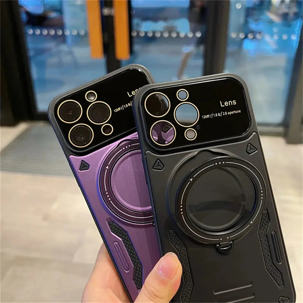 Funda magnética Magsafe con soporte plegable para iPhone, carcasa con película de lente completa, armadura de moda para techo de choque, 11, 12, 13, 14, 15 Pro Max - La zona Apple
