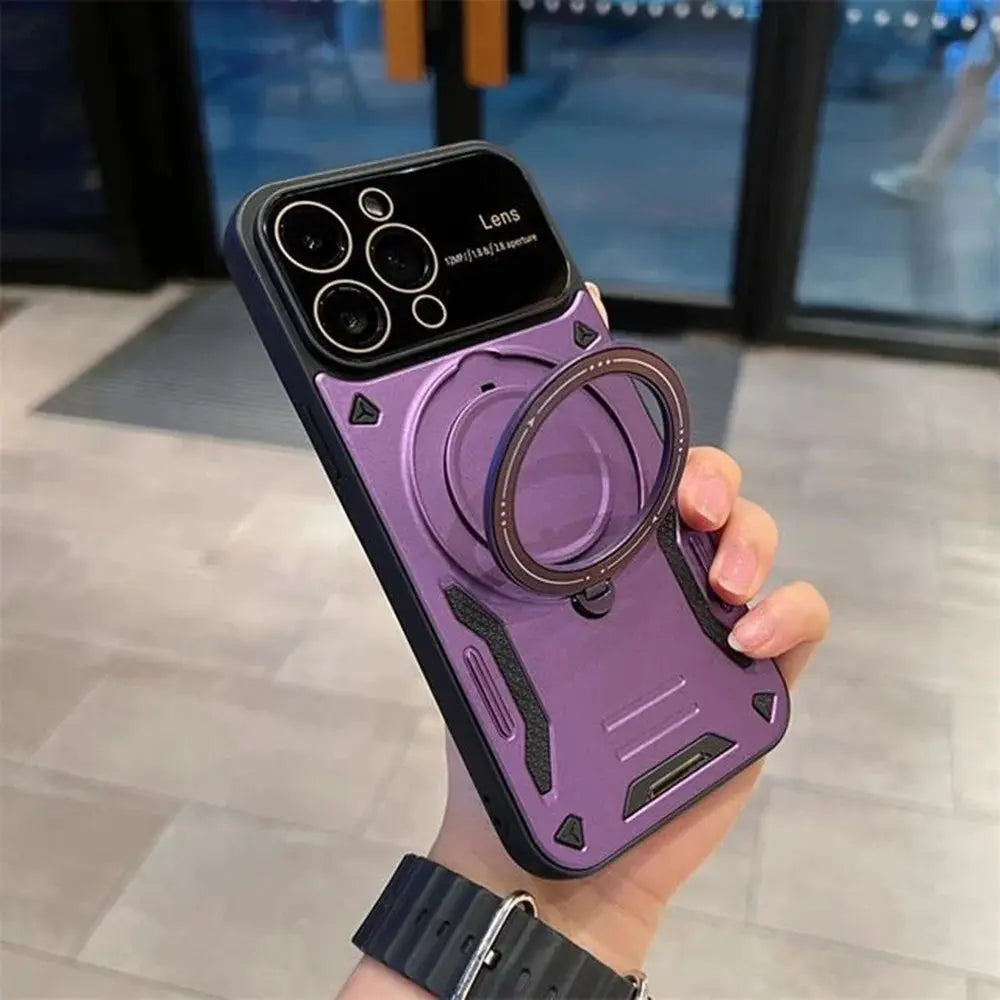 Funda magnética Magsafe con soporte plegable para iPhone, carcasa con película de lente completa, armadura de moda para techo de choque, 11, 12, 13, 14, 15 Pro Max - La zona Apple