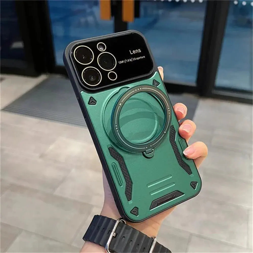 Funda magnética Magsafe con soporte plegable para iPhone, carcasa con película de lente completa, armadura de moda para techo de choque, 11, 12, 13, 14, 15 Pro Max - La zona Apple