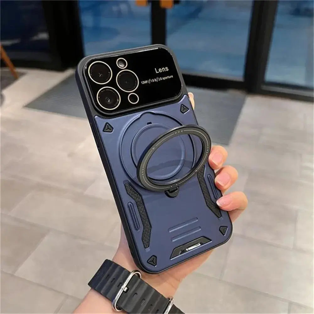 Funda magnética Magsafe con soporte plegable para iPhone, carcasa con película de lente completa, armadura de moda para techo de choque, 11, 12, 13, 14, 15 Pro Max - La zona Apple