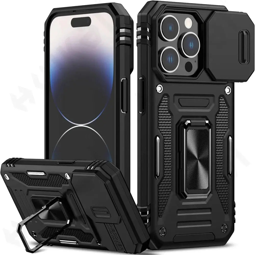 Funda magnética con soporte de anillo para iPhone, carcasa anticaída para cámara deslizante, para iPhone 15 Pro Max Plus - La zona Apple