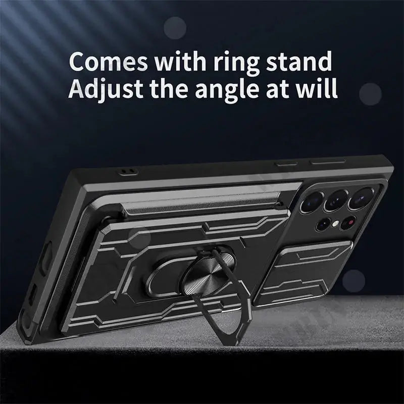Funda Multifunción para Samsung Galaxy S23, S22 Ultra Plus, S23 FE, A73, A54, A14, A24 con Anillo de Soporte Deslizante 360 y Protector de Lente de Cámara Deslizante - La zona Apple