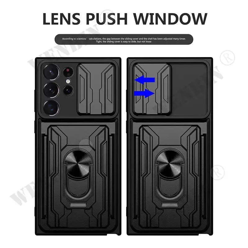 Funda Multifunción para Samsung Galaxy S23, S22 Ultra Plus, S23 FE, A73, A54, A14, A24 con Anillo de Soporte Deslizante 360 y Protector de Lente de Cámara Deslizante - La zona Apple