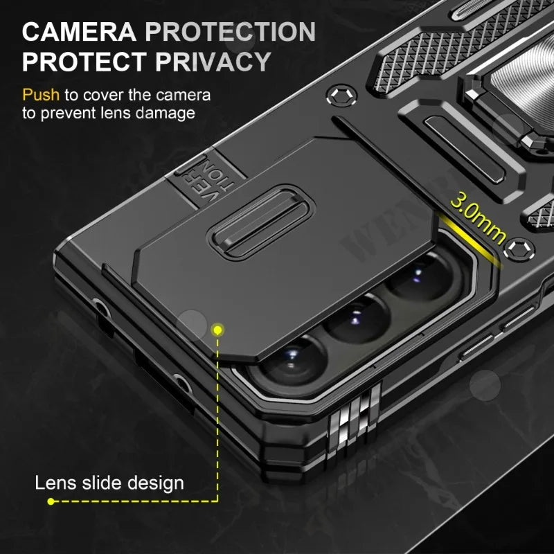 Funda de Anillo Magnético y Cubierta de Cámara Deslizante para Samsung Galaxy - Compatible con Z Flip Fold 5, S23, S22, Ultra Plus, A54, A34, A24, A14, A73, A53, A33, A13 - La zona Apple