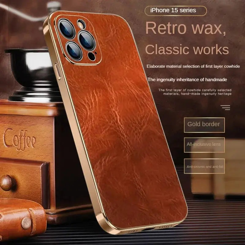 Funda protectora de cuero genuino de lujo para iPhone 15 Pro Max, lente Retro, protección de agujero pequeño de precisión, nuevo - La zona Apple