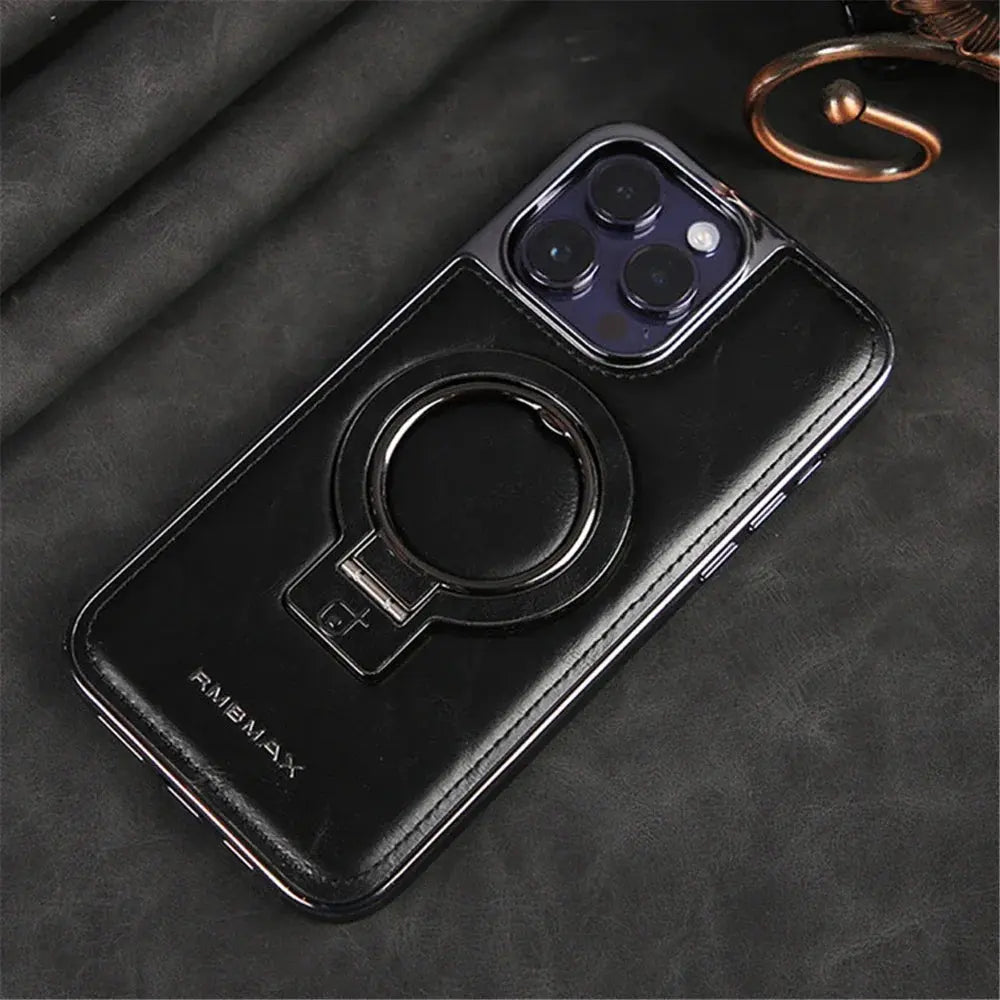 Fundas magnéticas de cuero de lujo con soporte de anillo para iPhone 15, 12, 13, 14 Pro Max, funda de carga inalámbrica Magsafe - La zona Apple