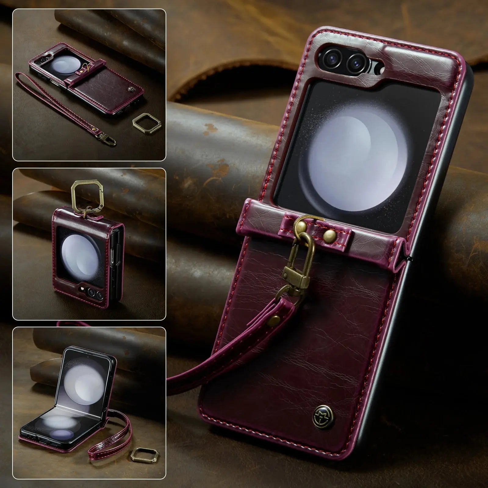 HCOE-Funda de cuero Retro para Samsung Galaxy Z Flip 5 4 3, funda con soporte de anillo con correa para Galaxy Z Flip5 Flip4 Flip3 5G - La zona Apple