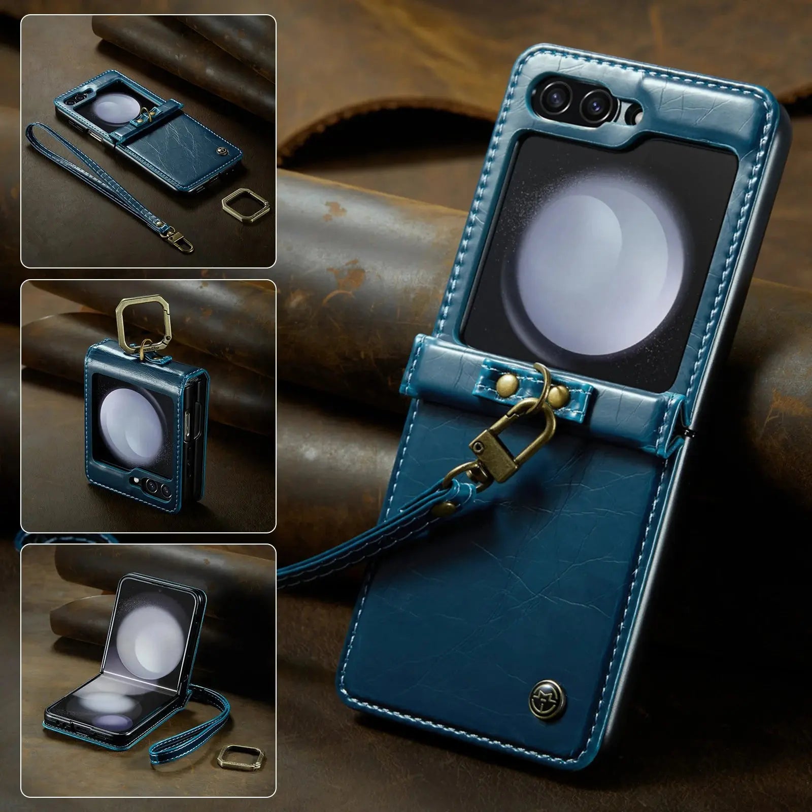 HCOE-Funda de cuero Retro para Samsung Galaxy Z Flip 5 4 3, funda con soporte de anillo con correa para Galaxy Z Flip5 Flip4 Flip3 5G - La zona Apple