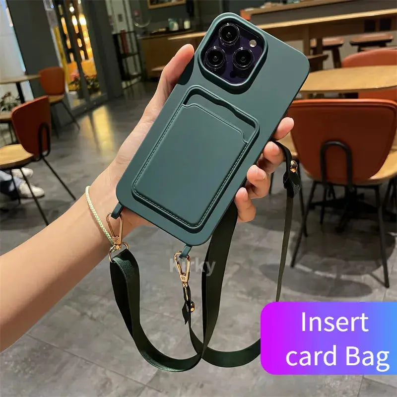 Luxuly Noble-funda de teléfono suave con bolsa para tarjetas, funda con cordón cruzado, color verde, para IPhone 11, 13, 12, 14 Pro Max, Xs, XR, 8, 7 Plus, SE - La zona Apple