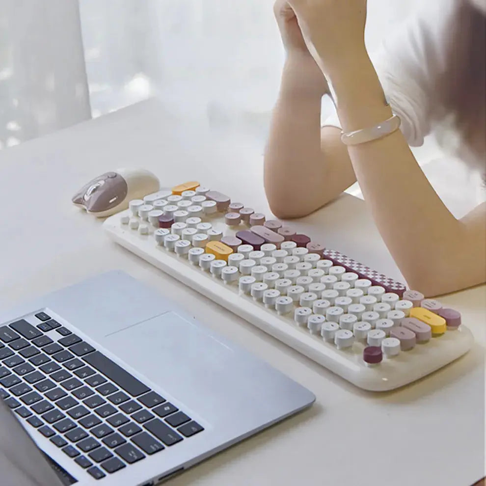 MOFII-teclado y ratón inalámbricos, Combo Retro de 2,4G con tapa redonda, Kit de teclado y ratón español para juegos - La zona Apple