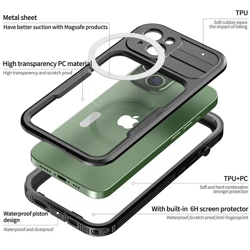 Mars-funda de carga magnética IP68 para iPhone 14 Pro Max Plus, cubierta a prueba de caídas, buceo, natación, deportes al aire libre, escalada - La zona Apple