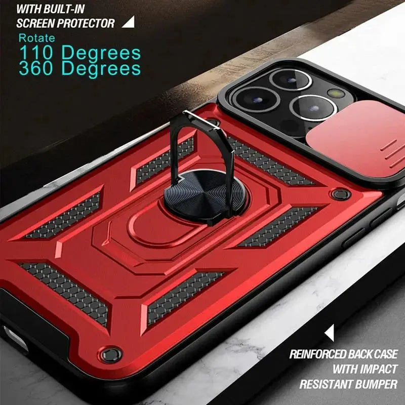 Protector de lente de cámara deslizante, funda de armadura para iPhone 15, 13, 14, 11, 12 Pro Max, Mini, XS, XR, X, 7, 8 Plus, parachoques de grado militar, cubierta de anillo - La zona Apple
