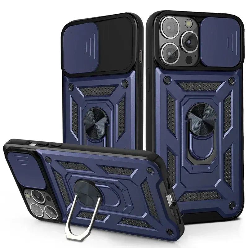 Protector de lente de cámara deslizante, funda de armadura para iPhone 15, 13, 14, 11, 12 Pro Max, Mini, XS, XR, X, 7, 8 Plus, parachoques de grado militar, cubierta de anillo - La zona Apple