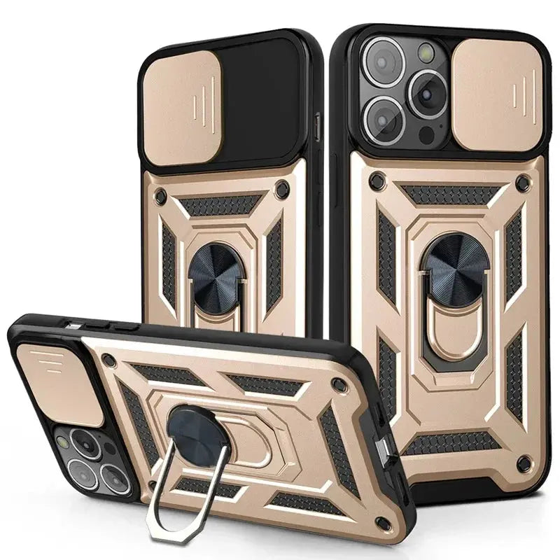 Protector de lente de cámara deslizante, funda de armadura para iPhone 15, 13, 14, 11, 12 Pro Max, Mini, XS, XR, X, 7, 8 Plus, parachoques de grado militar, cubierta de anillo - La zona Apple