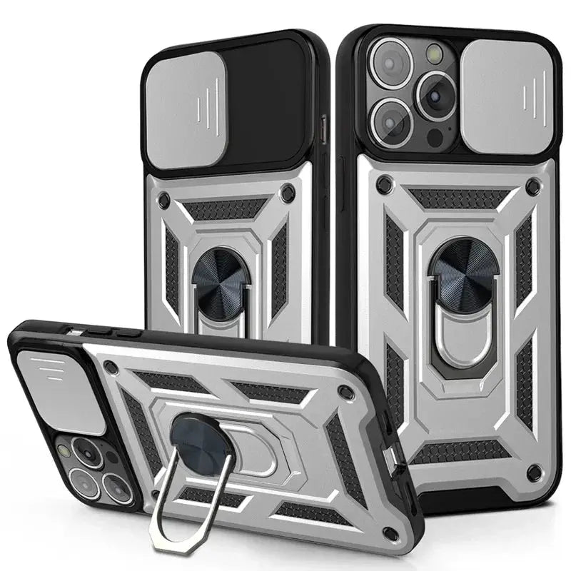 Protector de lente de cámara deslizante, funda de armadura para iPhone 15, 13, 14, 11, 12 Pro Max, Mini, XS, XR, X, 7, 8 Plus, parachoques de grado militar, cubierta de anillo - La zona Apple