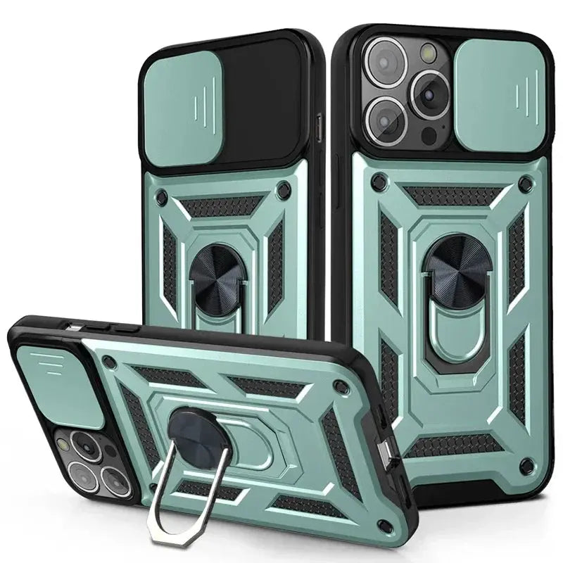 Protector de lente de cámara deslizante, funda de armadura para iPhone 15, 13, 14, 11, 12 Pro Max, Mini, XS, XR, X, 7, 8 Plus, parachoques de grado militar, cubierta de anillo - La zona Apple
