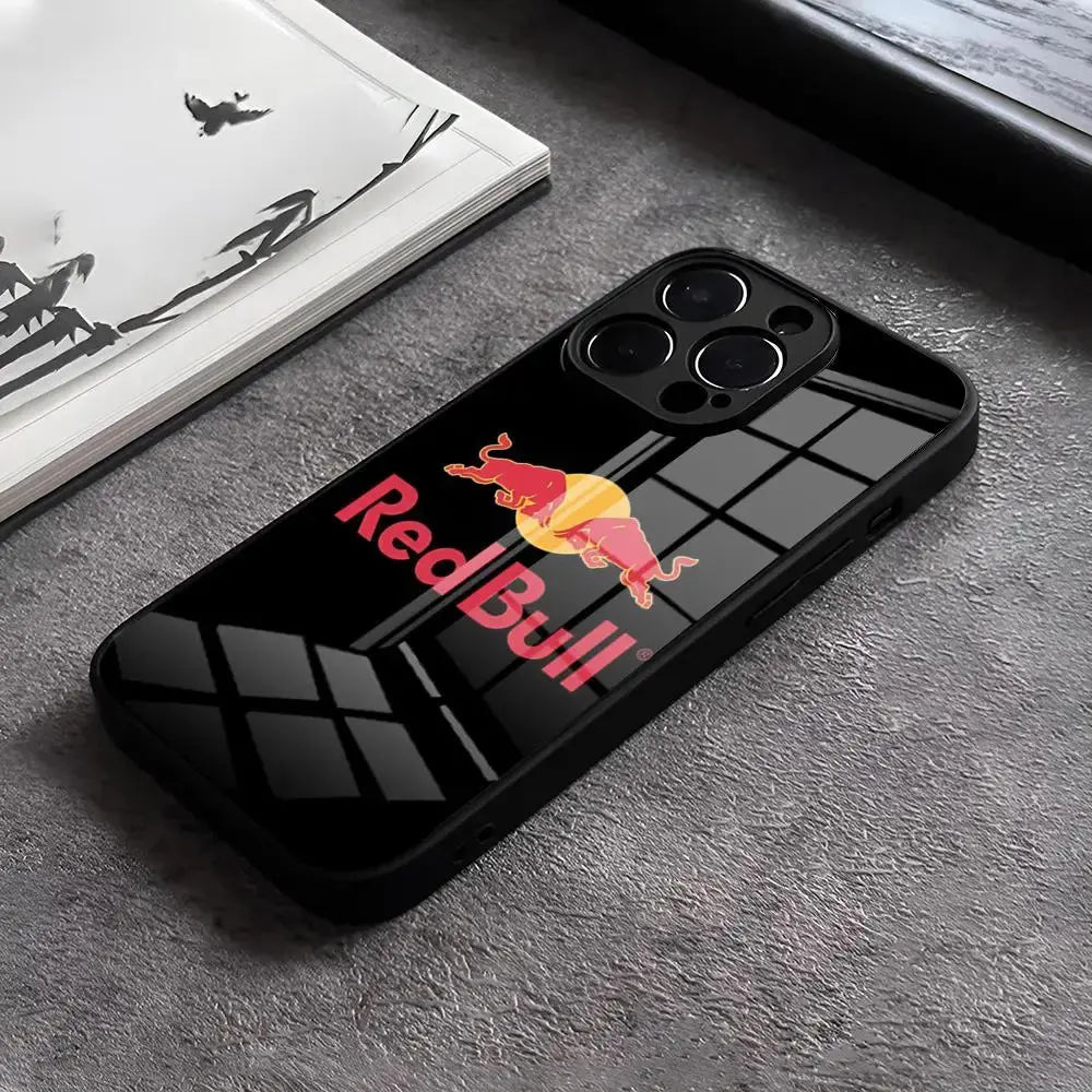 RED Energy Drink Bull funda de teléfono para IPhone 15 Pro Max 14 12 11 13 Mini X XR XS 8 7 6 Plus SE funda trasera de vidrio templado - La zona Apple