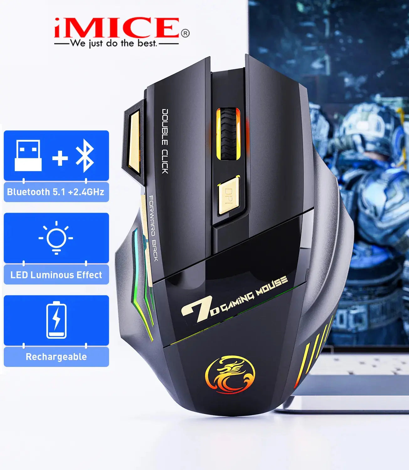 Ratón inalámbrico recargable para ordenador, periférico con Bluetooth, silencioso, 3200 DPI, ergonómico, USB, con retroiluminación - La zona Apple