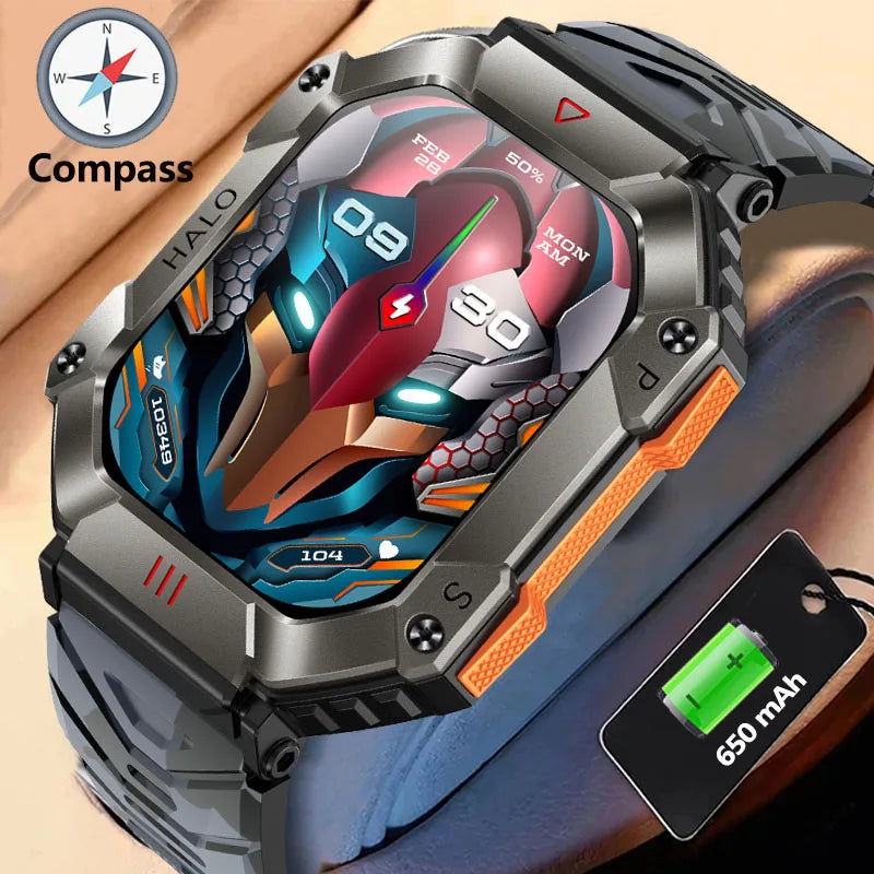 Reloj inteligente militar para hombre, pulsera con rastreador de brújula, resistente al agua, batería de 650 mAh, Bluetooth - La zona Apple