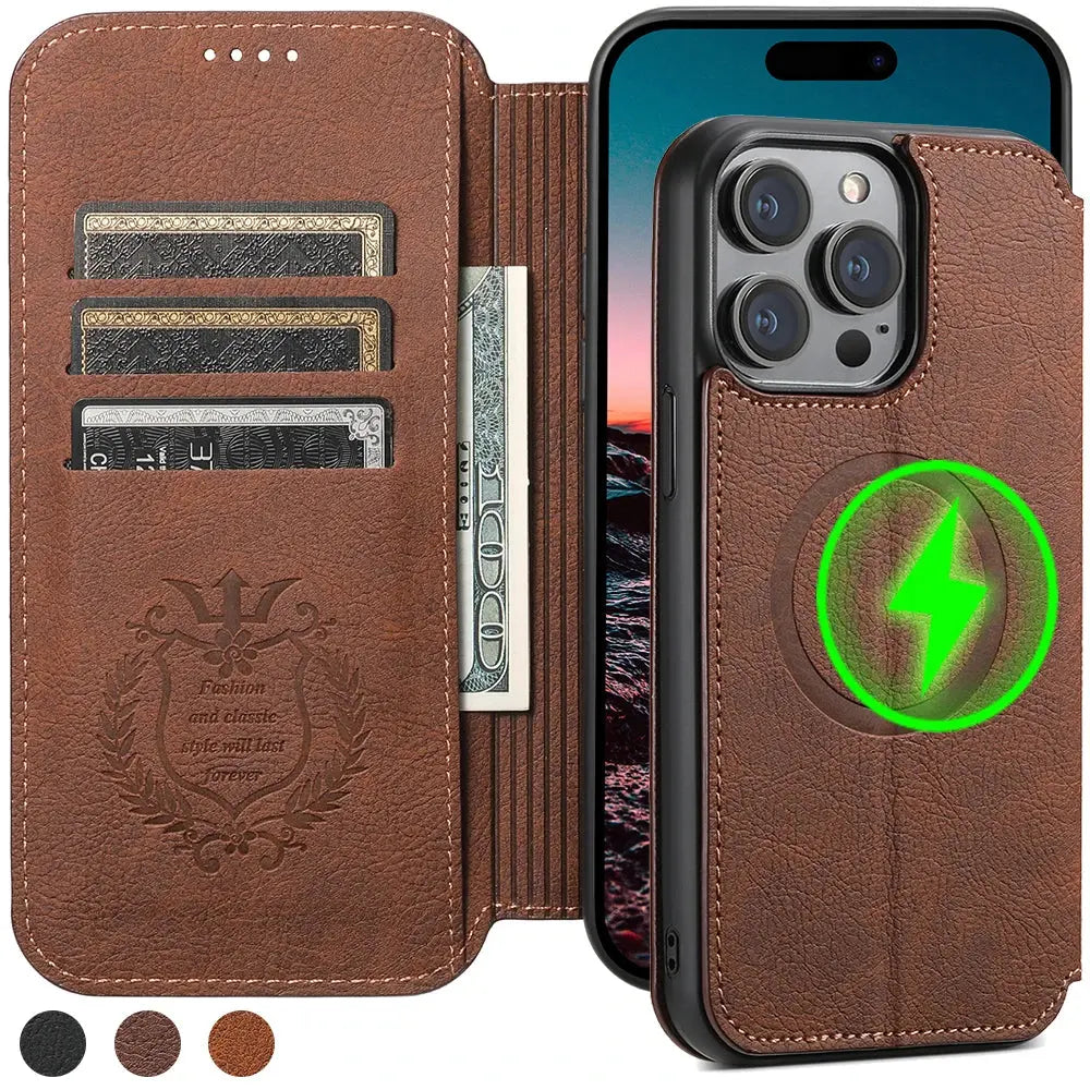 SUTENI-Funda de cuero Magsafe para teléfono, carcasa de lujo para iPhone 12, 13, 14, 15 Pro Max Plus, Ultra Flip Wallet, tarjetero - La zona Apple