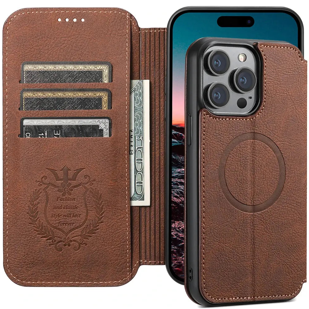 SUTENI-Funda de cuero Magsafe para teléfono, carcasa de lujo para iPhone 12, 13, 14, 15 Pro Max Plus, Ultra Flip Wallet, tarjetero - La zona Apple