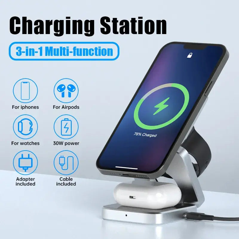 Soporte de cargador inalámbrico magnético plegable 3 en 1 para iPhone 14, 13, 12 Pro/Max/Plus, AirPods 3/2 alidrosip