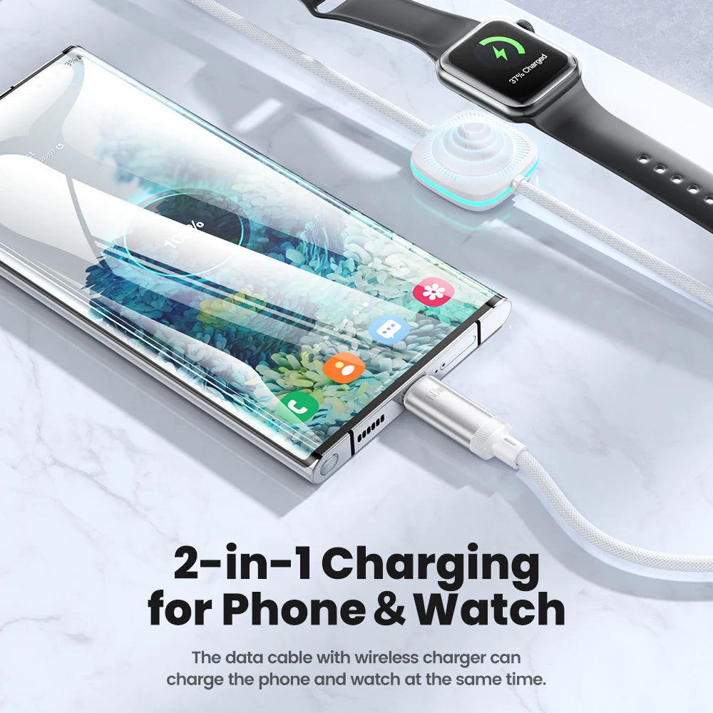 cargador inalámbrico magnético 2 en 1 para iWatch 8, 7, 6 SE, estación de carga rápida USB con Cable PD de 60W tipo C para iPhone 15, 14 - La zona Apple