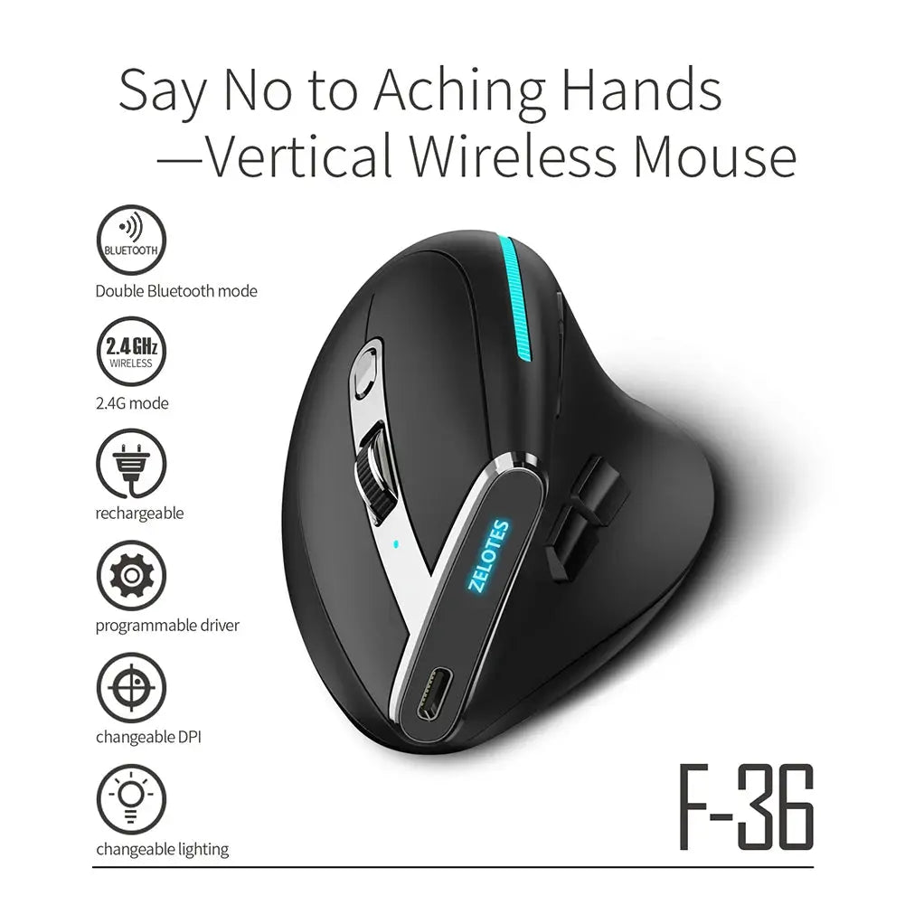 Ratón inalámbrico F-36 Vertical con Bluetooth, dispositivo de 2,4G, luz a todo Color, programación de 8 teclas, 2400DPI, batería de litio de 730mah - La zona Apple